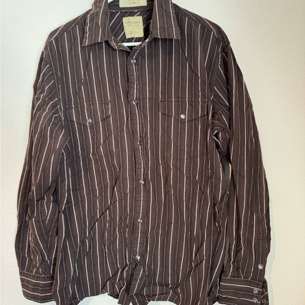 Sonoma Brown Striped Casual Button Down Shirt